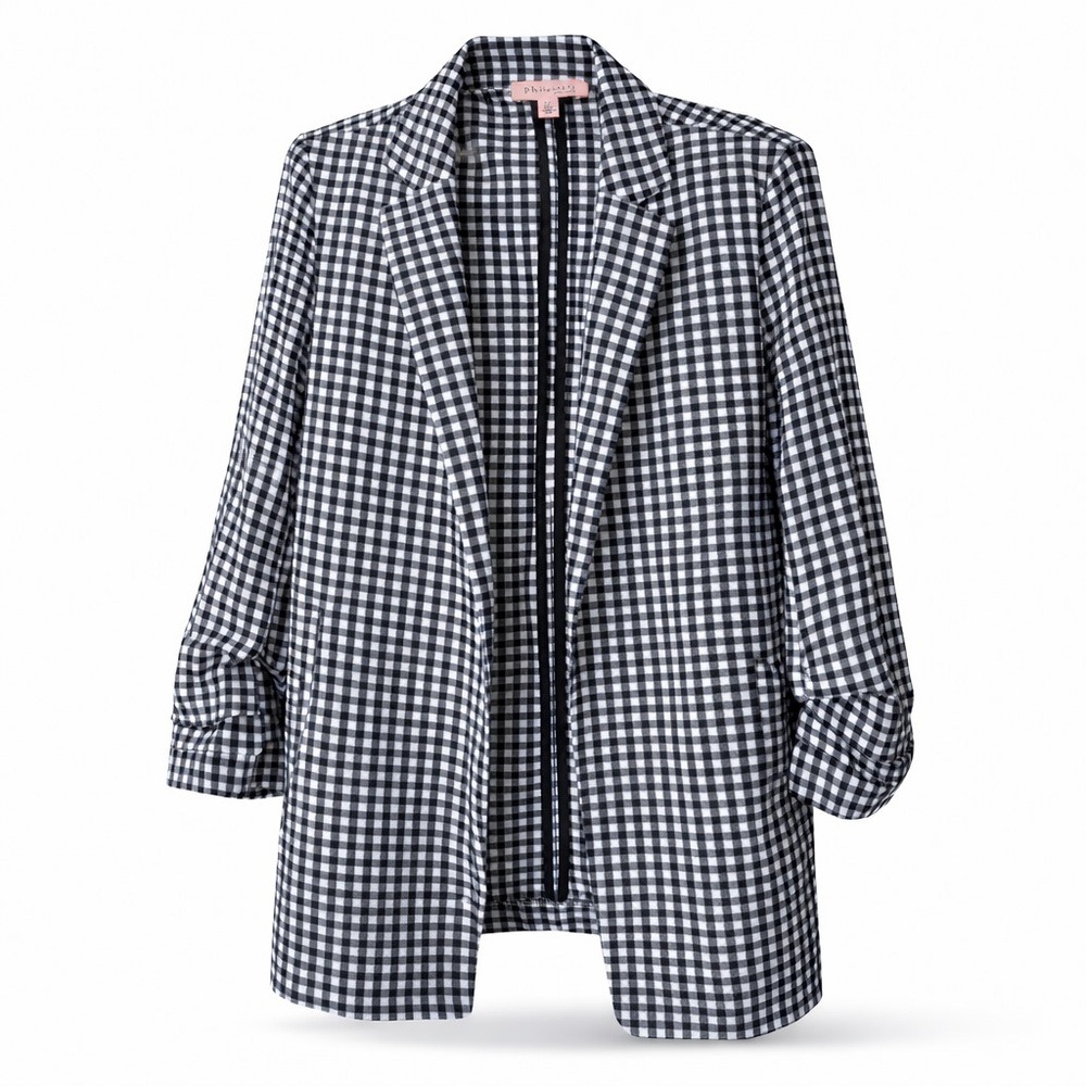 Philosophy Check Blazer Jacket Large Black White Open Front Ruched Sleeve Chic